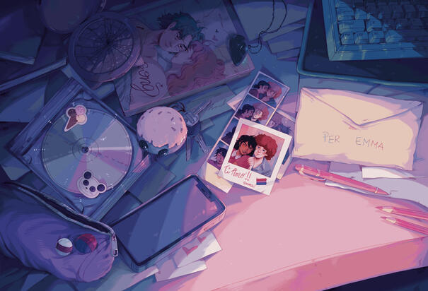 *Nicola's Desk*, digital illustration, 44 x 30 cm, 2024